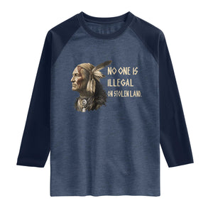 Indigenous Peoples Day Gift Raglan Shirt No One Is Illegal On Stolen Land TS12 Heather Denim Navy Print Your Wear