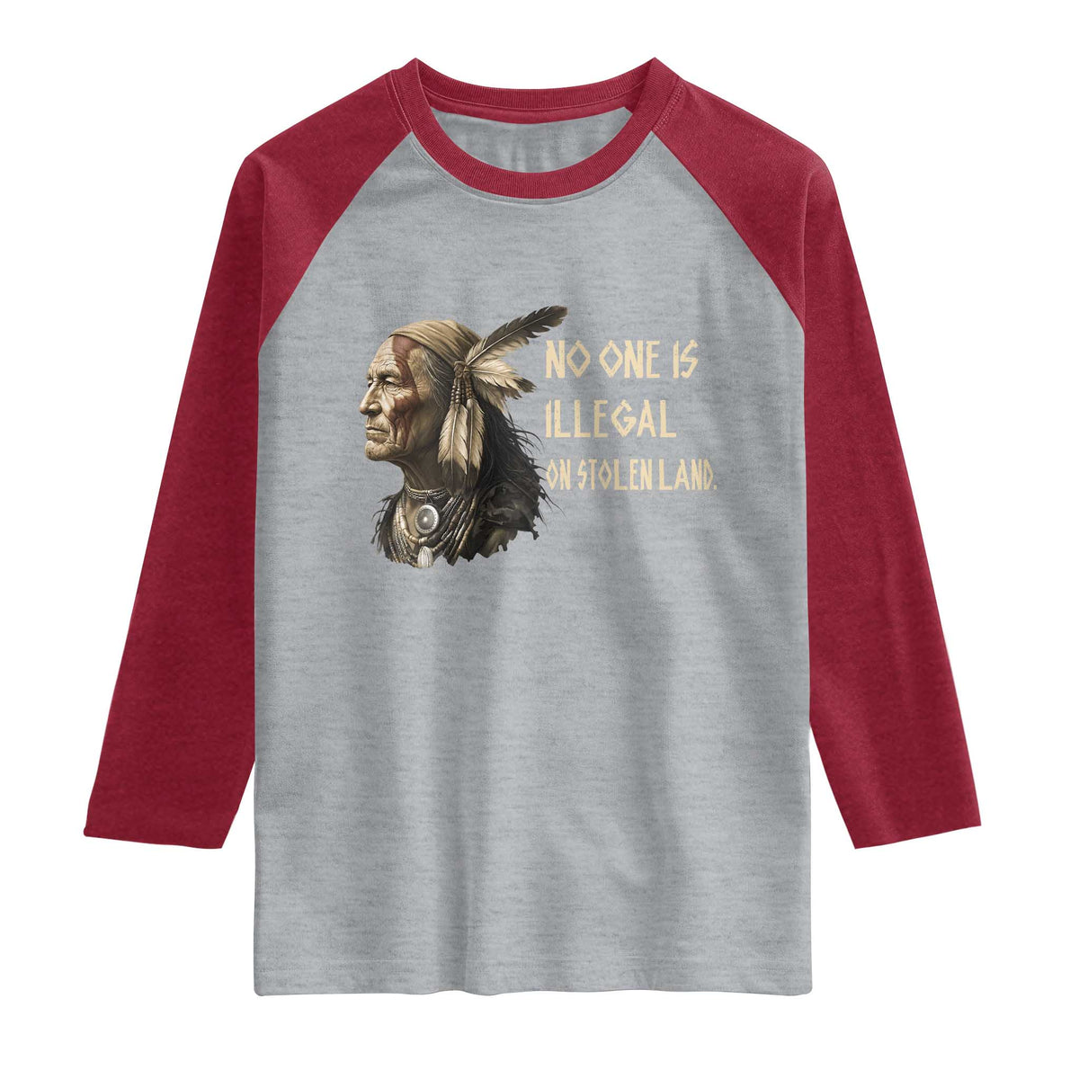 Indigenous Peoples Day Gift Raglan Shirt No One Is Illegal On Stolen Land TS12 Heather Gray Heather Red Print Your Wear