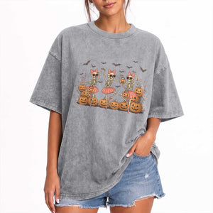 Funny Halloween Skeleton Dance Washed Cotton T-Shirt Gift For Ballet Lover
