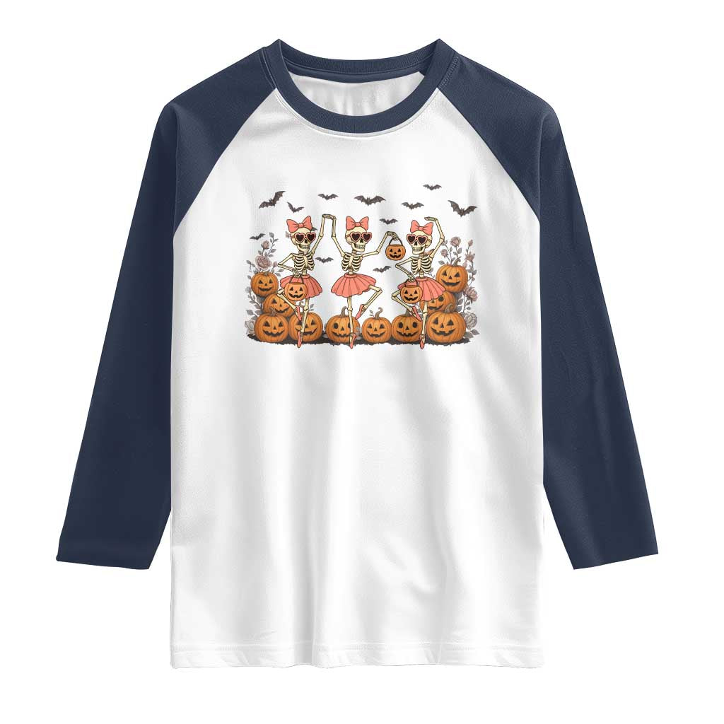 Funny Halloween Skeleton Dance Raglan Shirt Gift For Ballet Lover TS12 White Navy Print Your Wear