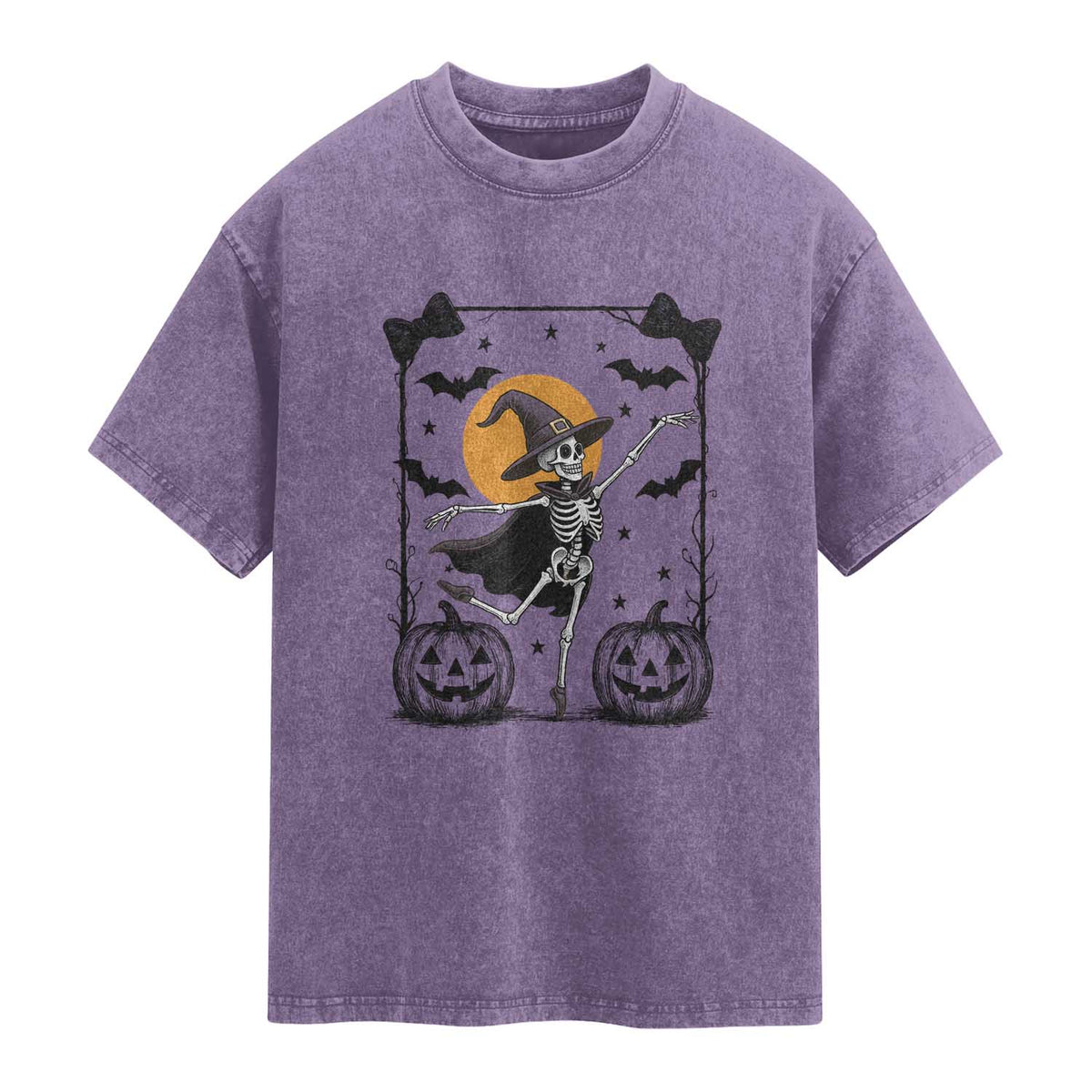 Funny Skeleton Witches Dance Ballet Washed Cotton T-Shirt Halloween Gift