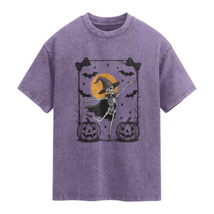 Funny Skeleton Witches Dance Ballet Washed Cotton T-Shirt Halloween Gift