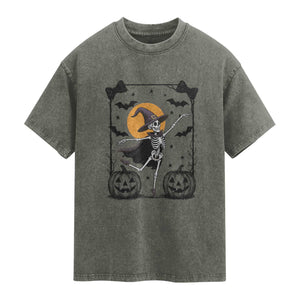 Funny Skeleton Witches Dance Ballet Washed Cotton T-Shirt Halloween Gift