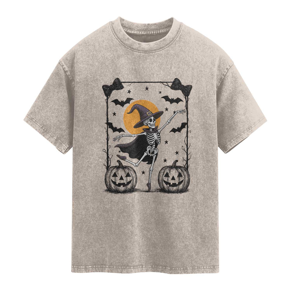 Funny Skeleton Witches Dance Ballet Washed Cotton T-Shirt Halloween Gift