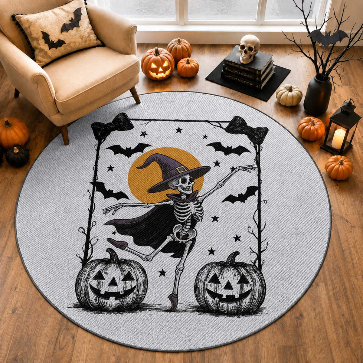 Funny Skeleton Witches Dance Ballet Round Rug Halloween Gift