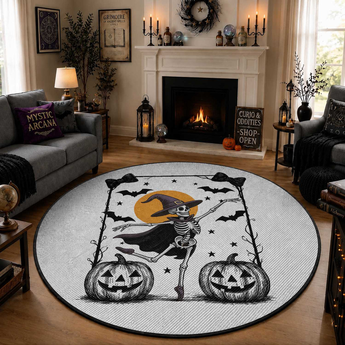 Funny Skeleton Witches Dance Ballet Round Rug Halloween Gift