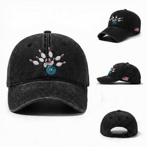 Funny Sport Bowler Gift Washed Cotton Baseball Cap Bowling Ball Chasing Pins TS12 Washed Cap Universal Fit Black Print Your Wear