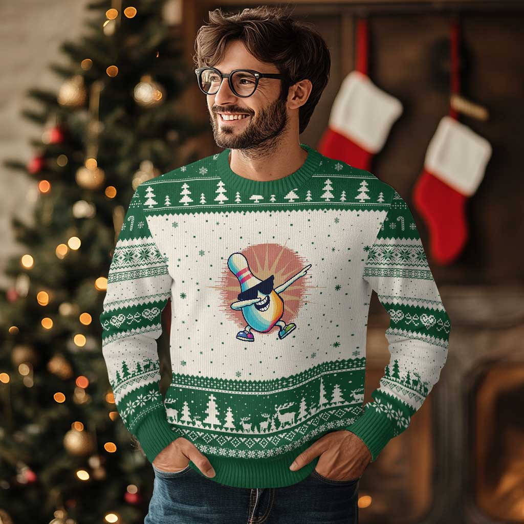 Dabbing Bowling Pin Ugly Christmas Sweater Funny Player Gift TS12 Beige Green Print Your Wear