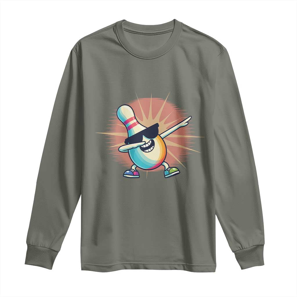 Dabbing Bowling Pin Long Sleeve Shirt Funny Player Gift TS12 Military Green Print Your Wear