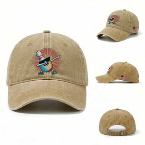 Dabbing Bowling Pin Washed Cotton Baseball Cap Funny Player Gift TS12 Washed Cap Universal Fit Khaki Print Your Wear