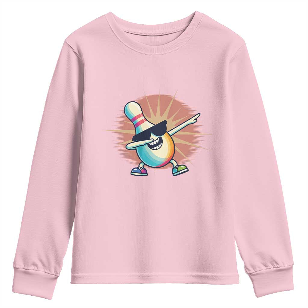 Dabbing Bowling Pin Youth Sweatshirt Funny Player Gift TS12 Light Pink Print Your Wear