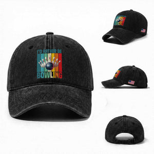 Funny Bowling Quote Washed Cotton Baseball Cap Id Rather Be Bowling Gift TS12 Washed Cap Universal Fit Black Print Your Wear