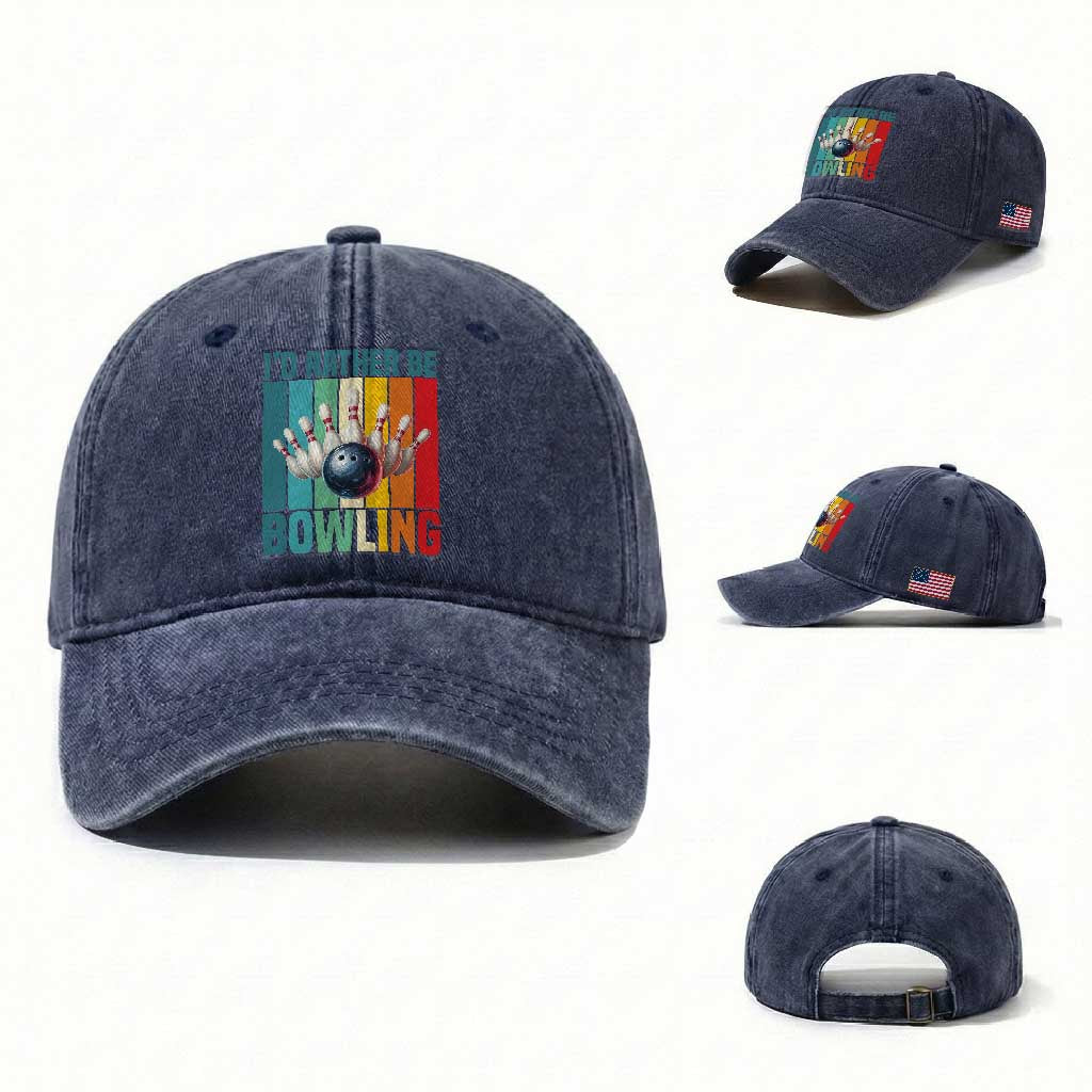 Funny Bowling Quote Washed Cotton Baseball Cap Id Rather Be Bowling Gift TS12 Washed Cap Universal Fit Navy Print Your Wear