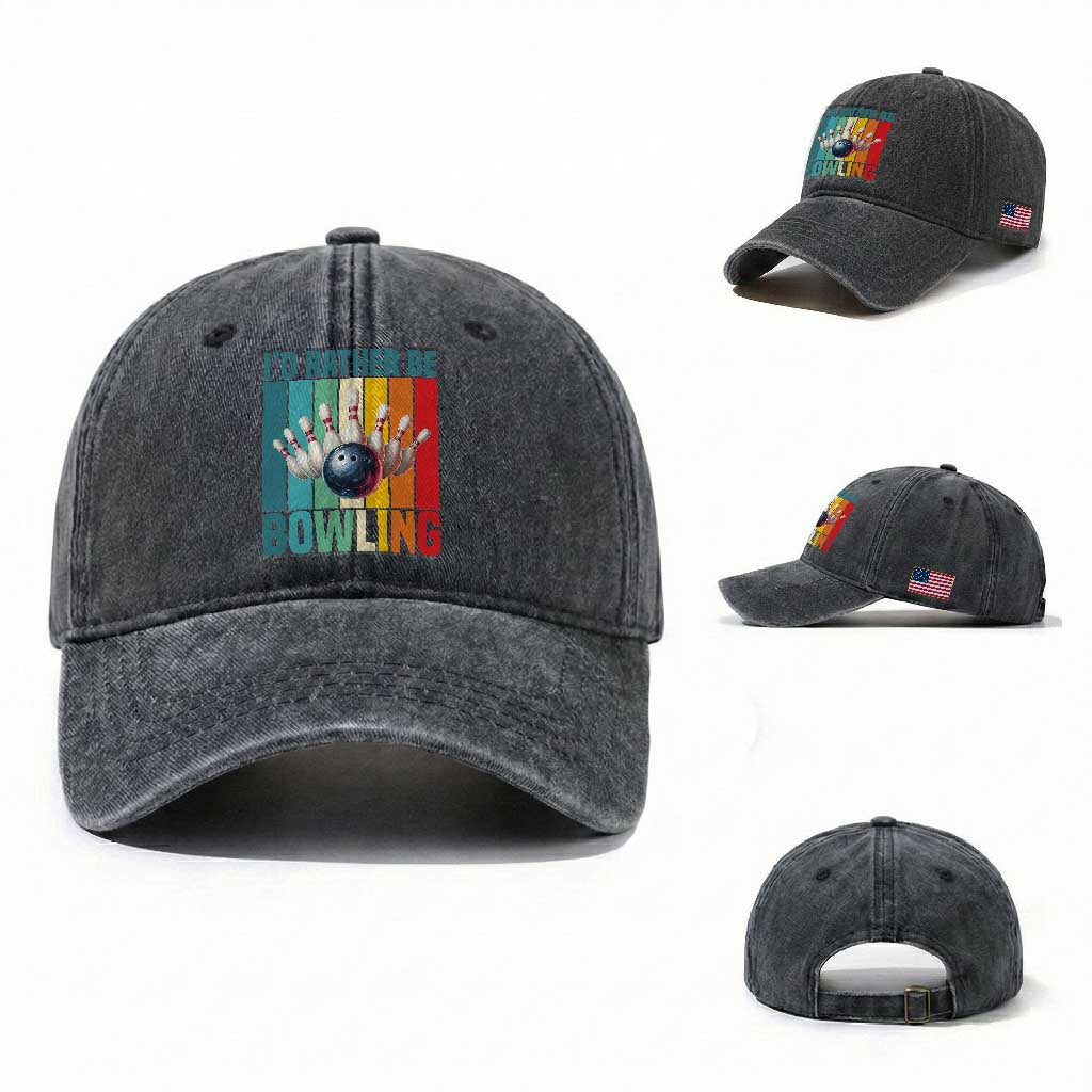 Funny Bowling Quote Washed Cotton Baseball Cap Id Rather Be Bowling Gift TS12 Washed Cap Universal Fit Dark Gray Print Your Wear
