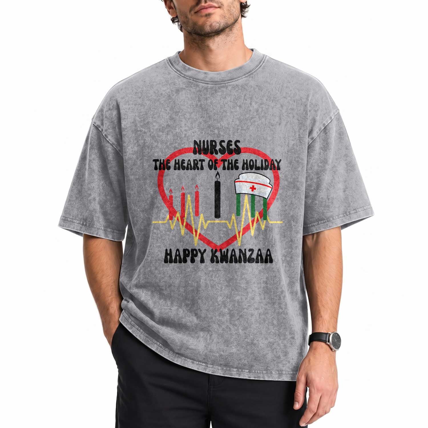 Nurse The Heart Of The Holiday Washed Cotton T-Shirt Happy Kwanzaa Medical Gift