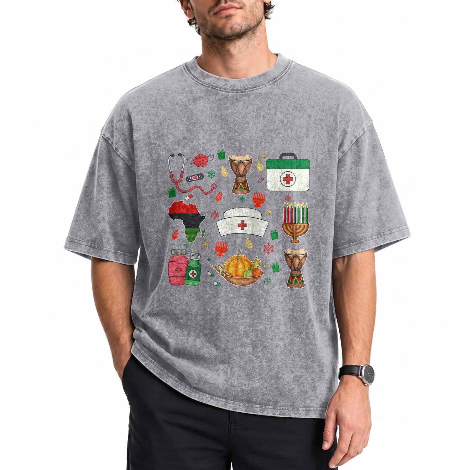 Happy Kwanzaa Nurse Pride Washed Cotton T-Shirt African Culture Holiday Gift