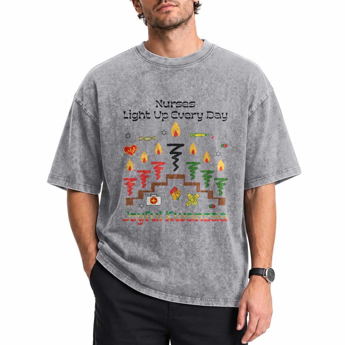 Joyful Kwanzaa Nurse Gift Washed Cotton T-Shirt Light Up Everyday