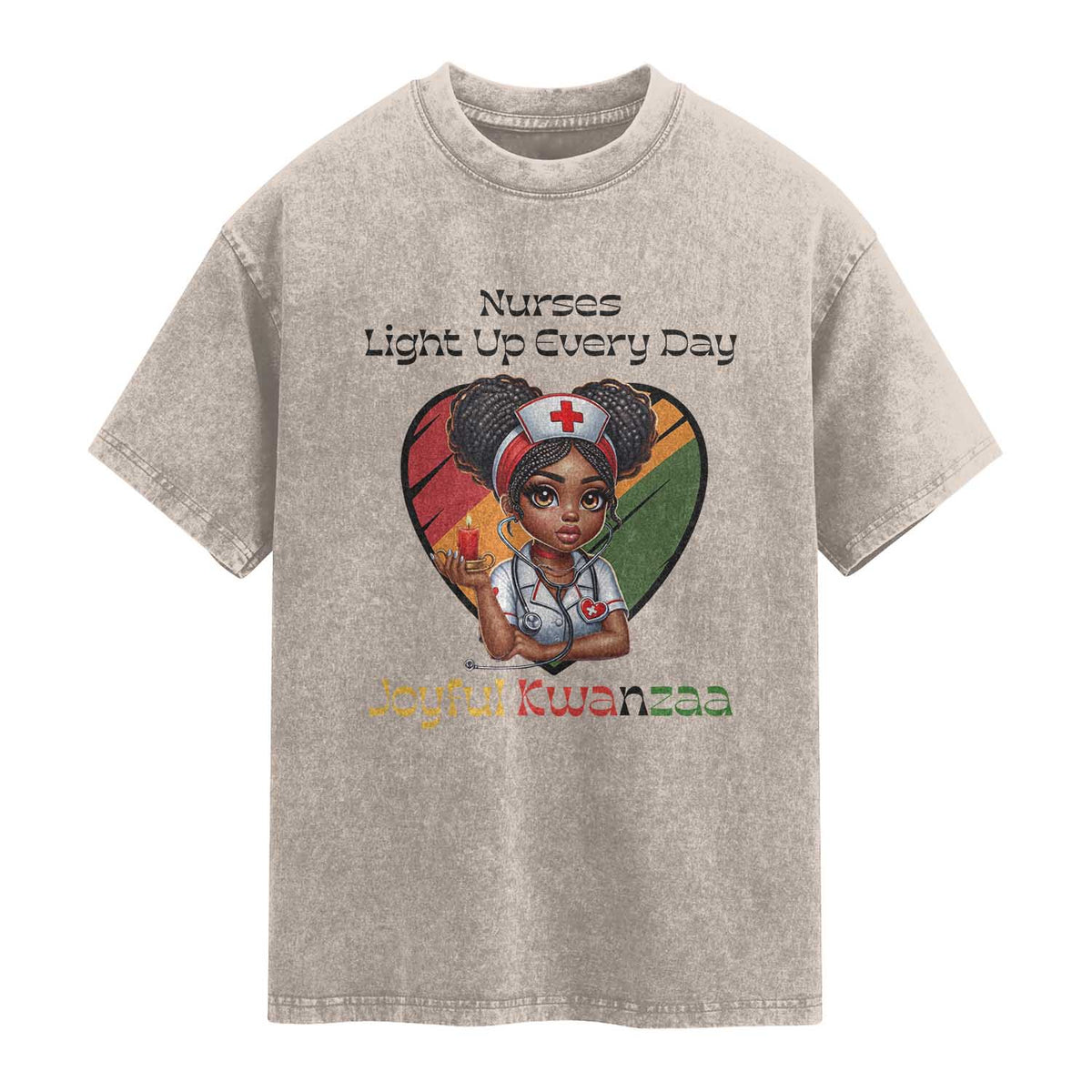 Nurses Light Up Everyday Washed Cotton T-Shirt Joyful Kwanzaa Celebration Gift