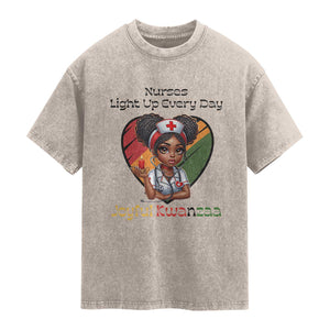 Nurses Light Up Everyday Washed Cotton T-Shirt Joyful Kwanzaa Celebration Gift