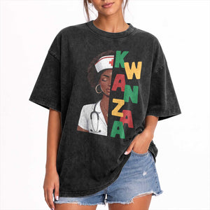 African American Nurse Washed Cotton T-Shirt Joyful Kwanzaa Celebration Gift