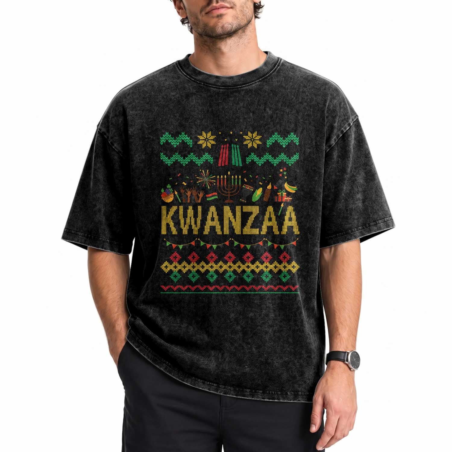 Funny Kwanzaa Celebration Ugly Sweater Washed Cotton T-Shirt African Heritage Holiday Gift