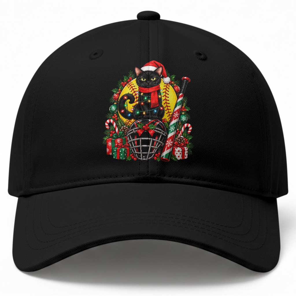 Christmas Black Cat Softball Baseball Cap Catcher Mask Holiday Sports Fan