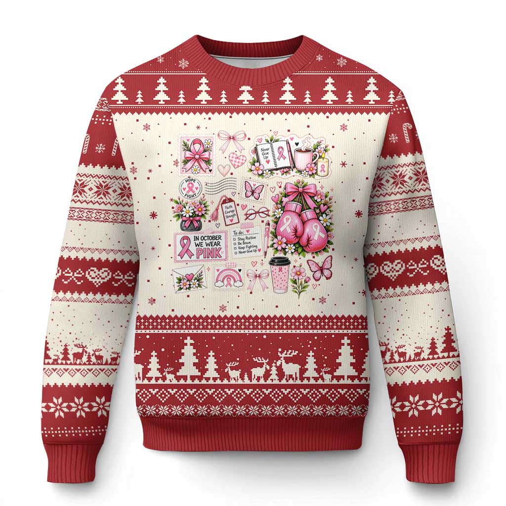 Breast Cancer Pink Ribbon Support Ugly Christmas Sweater Boxing Gloves Fighter Strength Gift