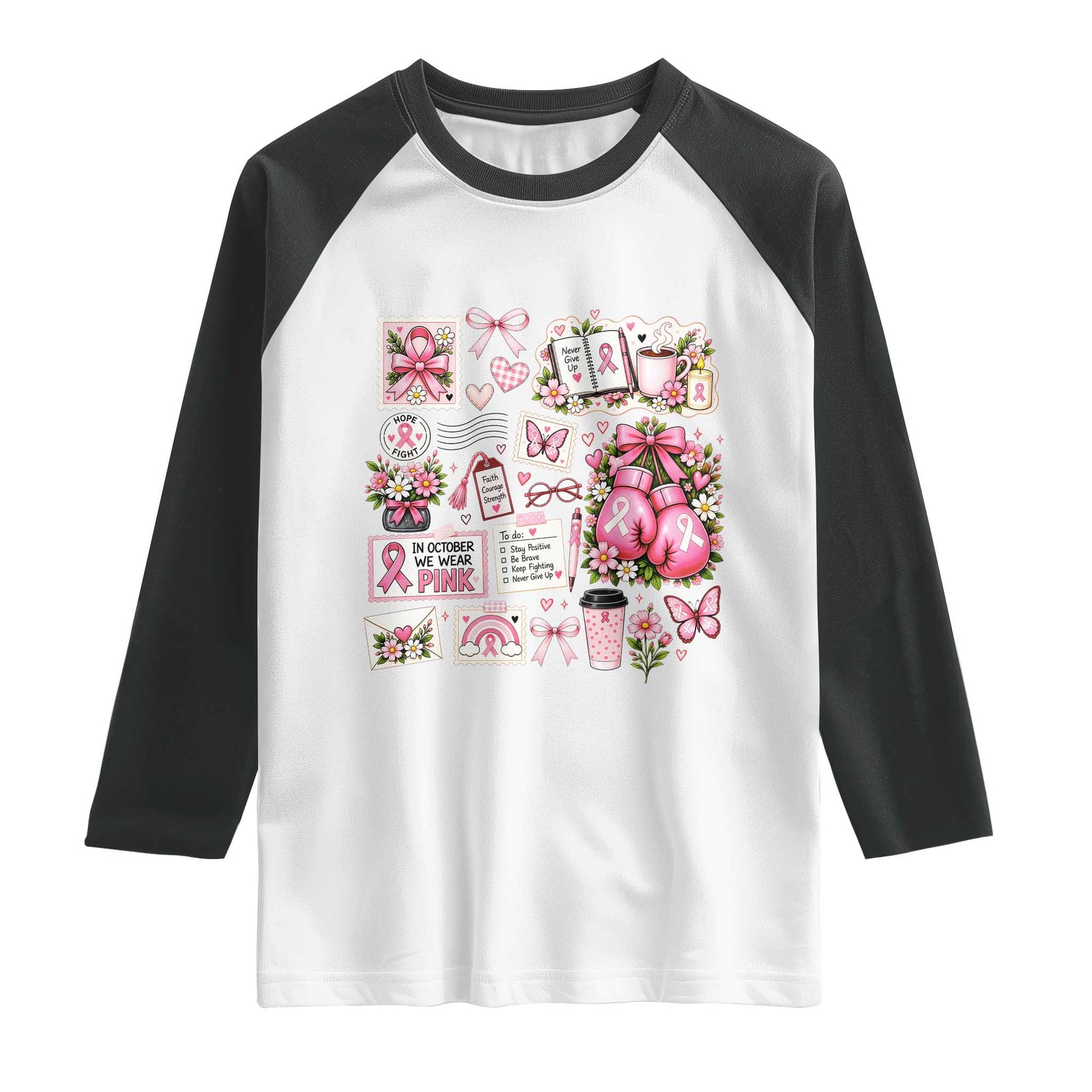 Breast Cancer Pink Ribbon Support Raglan Shirt Boxing Gloves Fighter Strength Gift