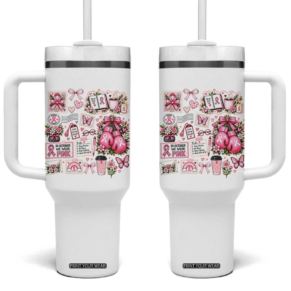 Breast Cancer Pink Ribbon Support Tumbler With Handle Boxing Gloves Fighter Strength Gift