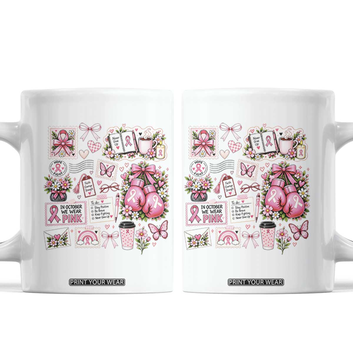 Breast Cancer Pink Ribbon Support Coffee Mug Boxing Gloves Fighter Strength Gift