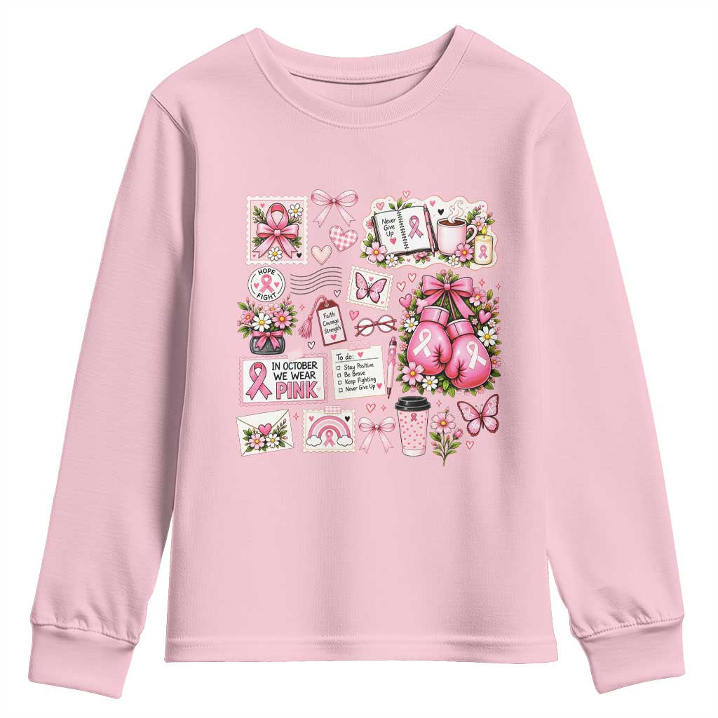 Breast Cancer Pink Ribbon Support Youth Sweatshirt Boxing Gloves Fighter Strength Gift