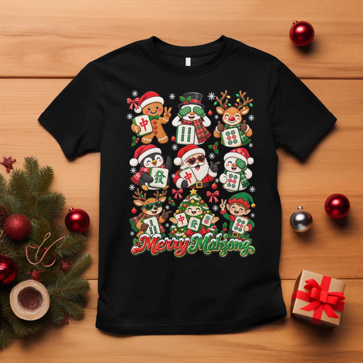 Merry Mahjong Christmas T Shirt Cute Holiday Characters Tile Player