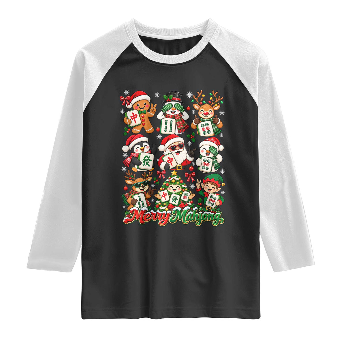 Merry Mahjong Christmas Raglan Shirt Cute Holiday Characters Tile Player