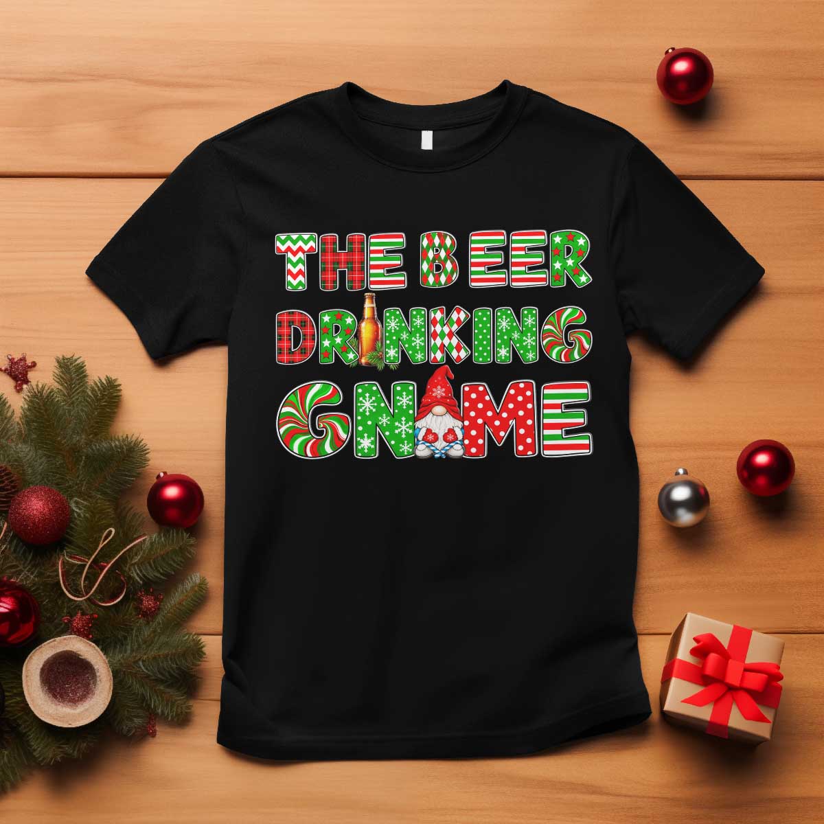 Funny Christmas Party Humor T Shirt The Beer Drinking Gnome
