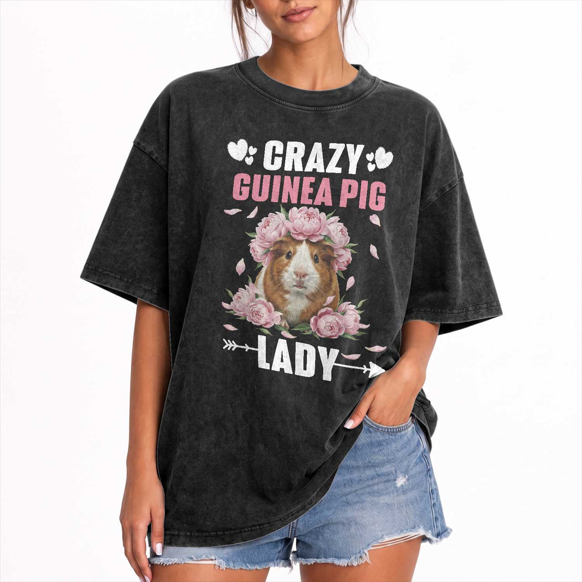 Funny Crazy Guinea Pig Lady Washed Cotton T-Shirt Cavy Mom Gift