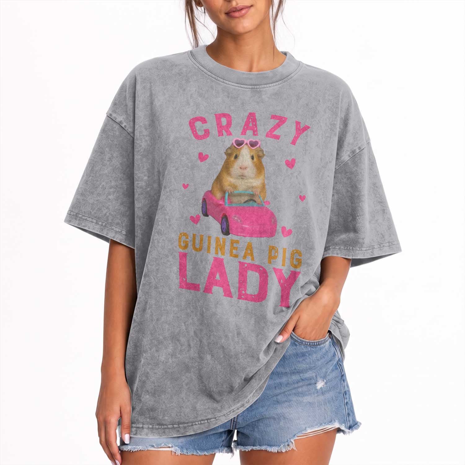 Crazy Guinea Pig Lady Washed Cotton T-Shirt Funny Pet Lover Gift