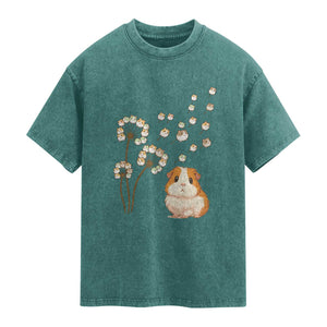 Flower Guinea Pig Dandelion Washed Cotton T-Shirt Funny Cavy Lover Gift