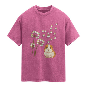 Flower Guinea Pig Dandelion Washed Cotton T-Shirt Funny Cavy Lover Gift