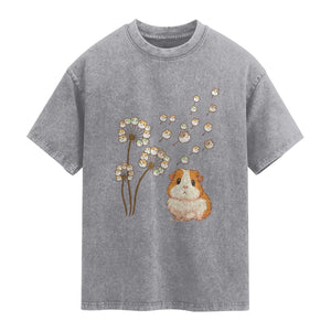 Flower Guinea Pig Dandelion Washed Cotton T-Shirt Funny Cavy Lover Gift