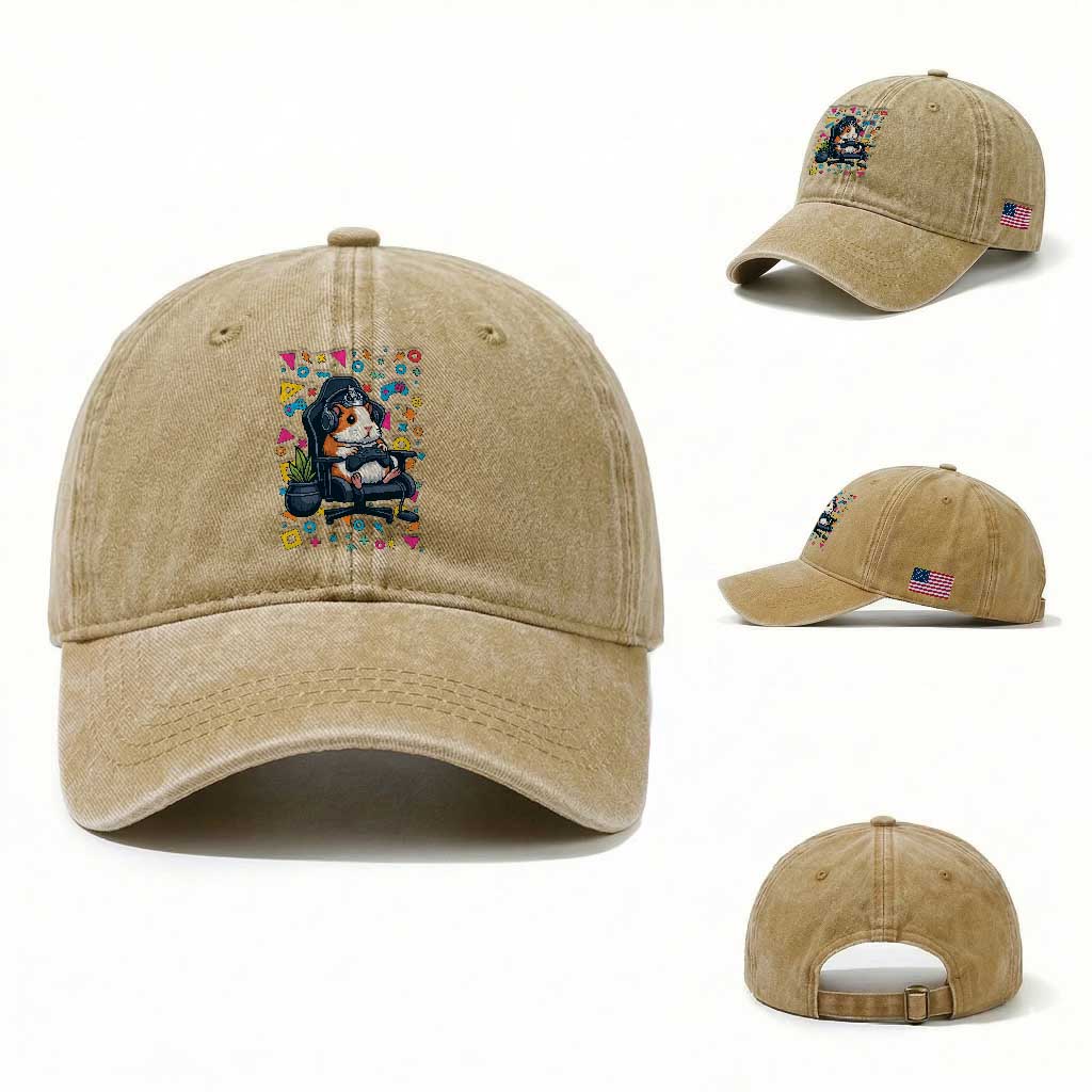 Funny Guinea Pigs And Gaming Lover Gift For Kid Washed Cotton Baseball Cap TS12 Washed Cap Universal Fit Khaki Print Your Wear