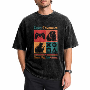 Funny Easily Distracted By Guinea Pigs And Gaming Washed Cotton T-Shirt Game Lover Gift