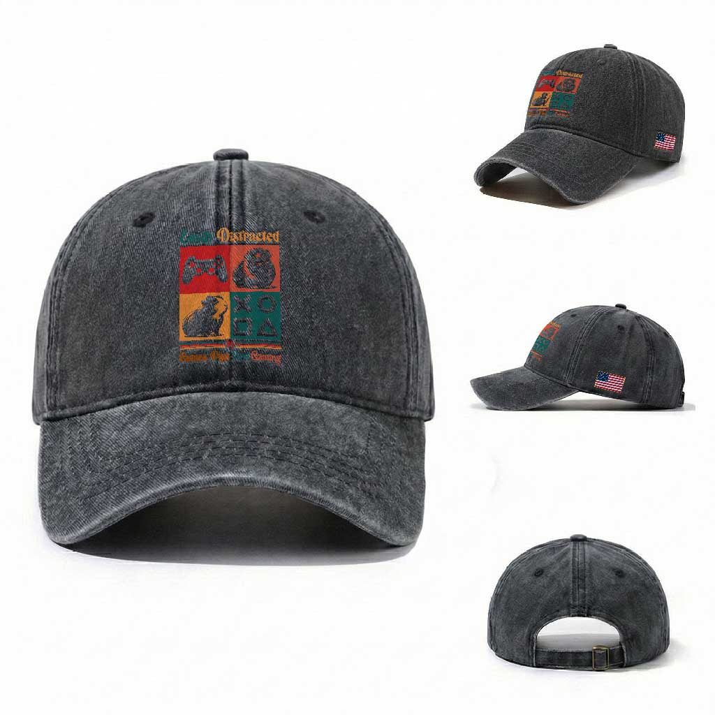 Funny Easily Distracted By Guinea Pigs And Gaming Washed Cotton Baseball Cap Game Lover Gift TS12 Washed Cap Universal Fit Dark Gray Print Your Wear