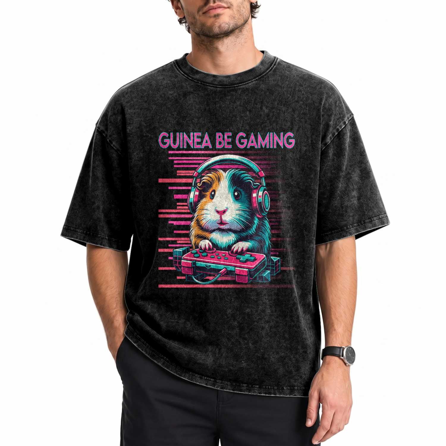 Funny Guinea Pig Video Game Player Gift Washed Cotton T-Shirt Guinea Be Gaming