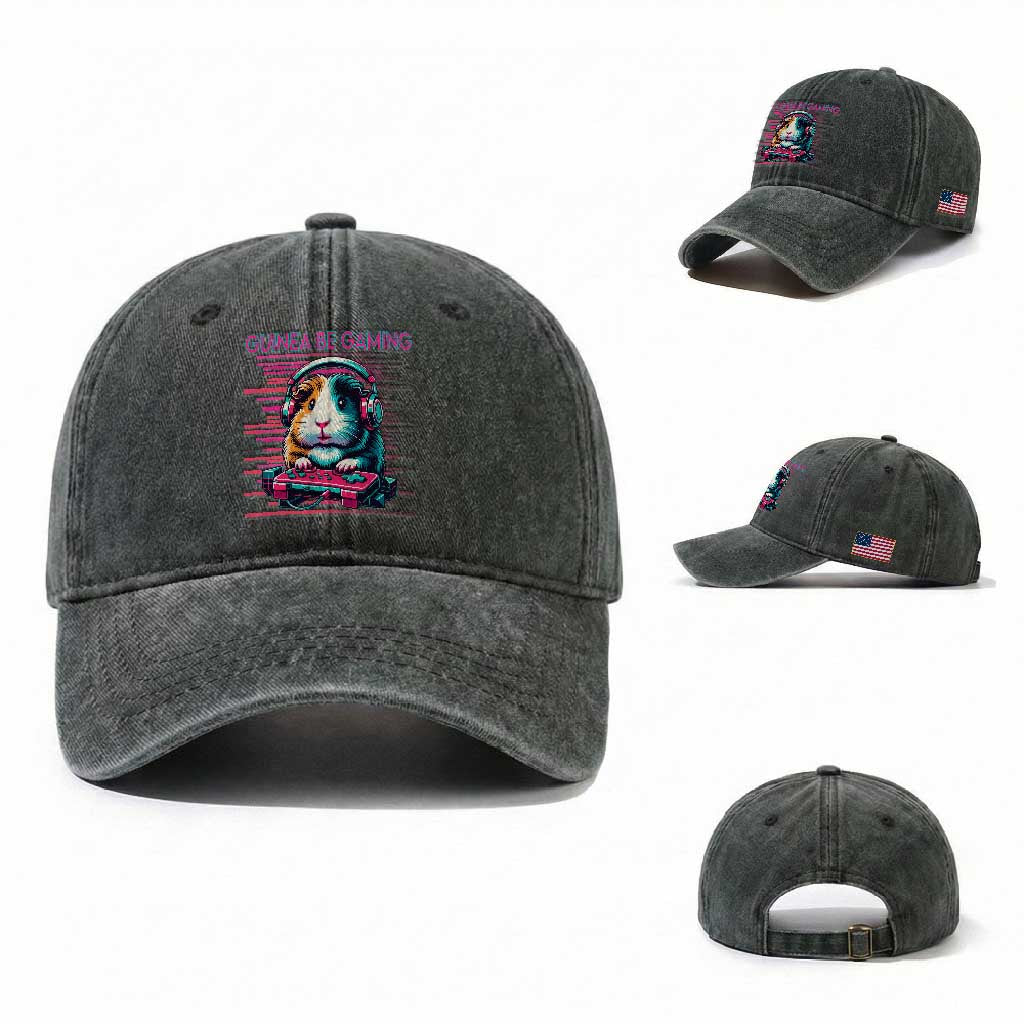 Funny Guinea Pig Video Game Player Gift Washed Cotton Baseball Cap Guinea Be Gaming TS12 Washed Cap Universal Fit Dark Green Print Your Wear