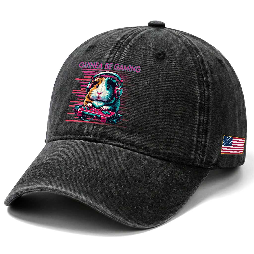 Funny Guinea Pig Video Game Player Gift Washed Cotton Baseball Cap Guinea Be Gaming TS12 Print Your Wear