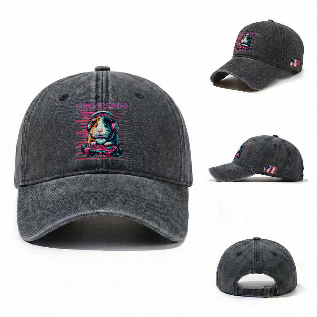 Funny Guinea Pig Video Game Player Gift Washed Cotton Baseball Cap Guinea Be Gaming TS12 Washed Cap Universal Fit Dark Gray Print Your Wear