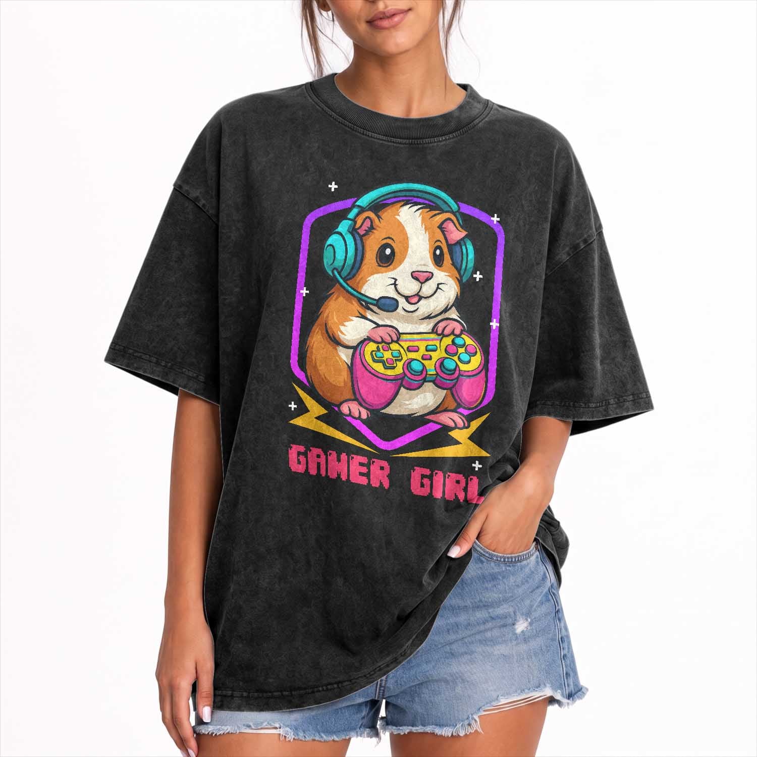 Guinea Pig Video Game Rodent Lover Washed Cotton T-Shirt Funny Gamers Girl Gift