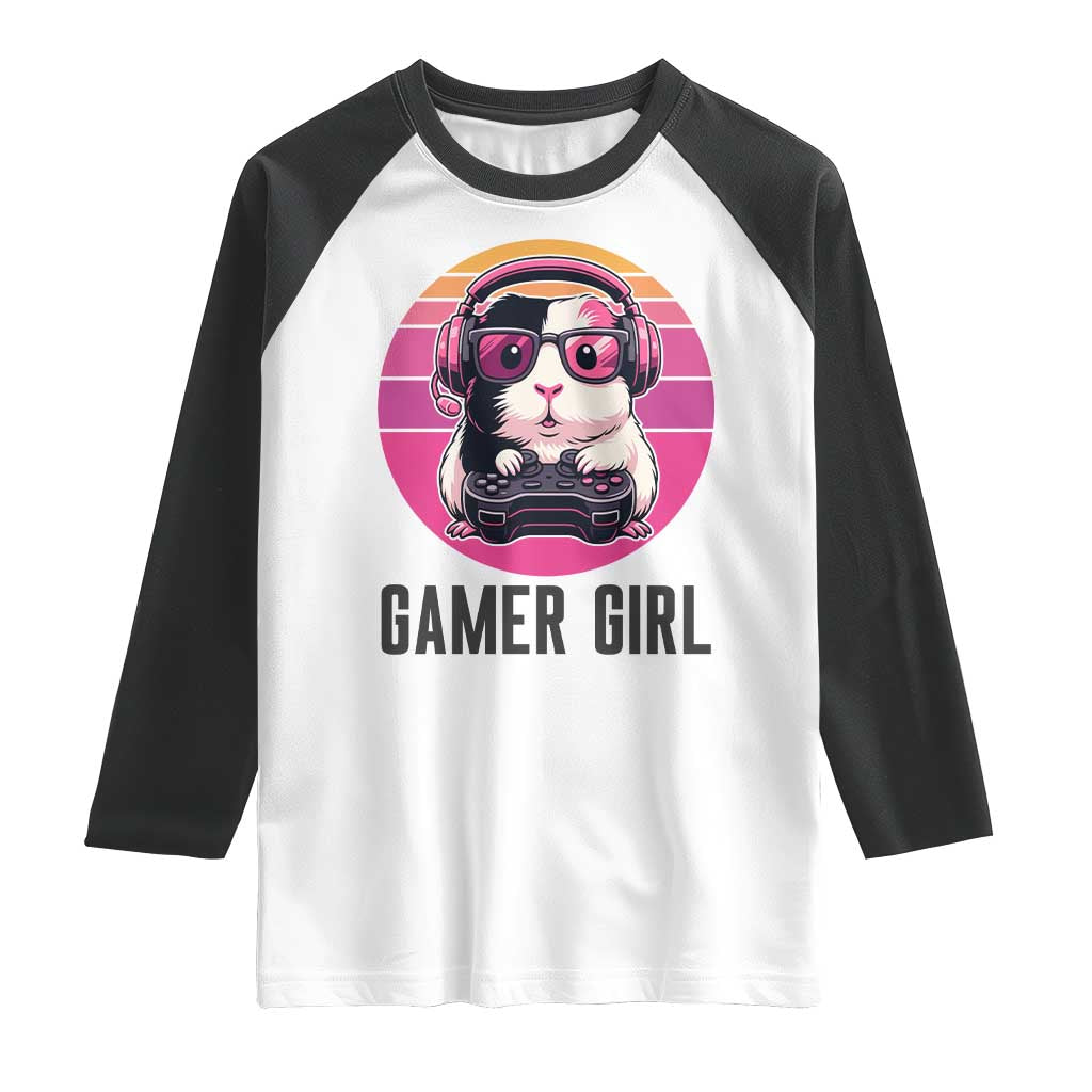 Funny Guinea Pig Video Game Rodent Lover Raglan Shirt Gamers Girl Sunset Retro Gift TS12 White Black Print Your Wear