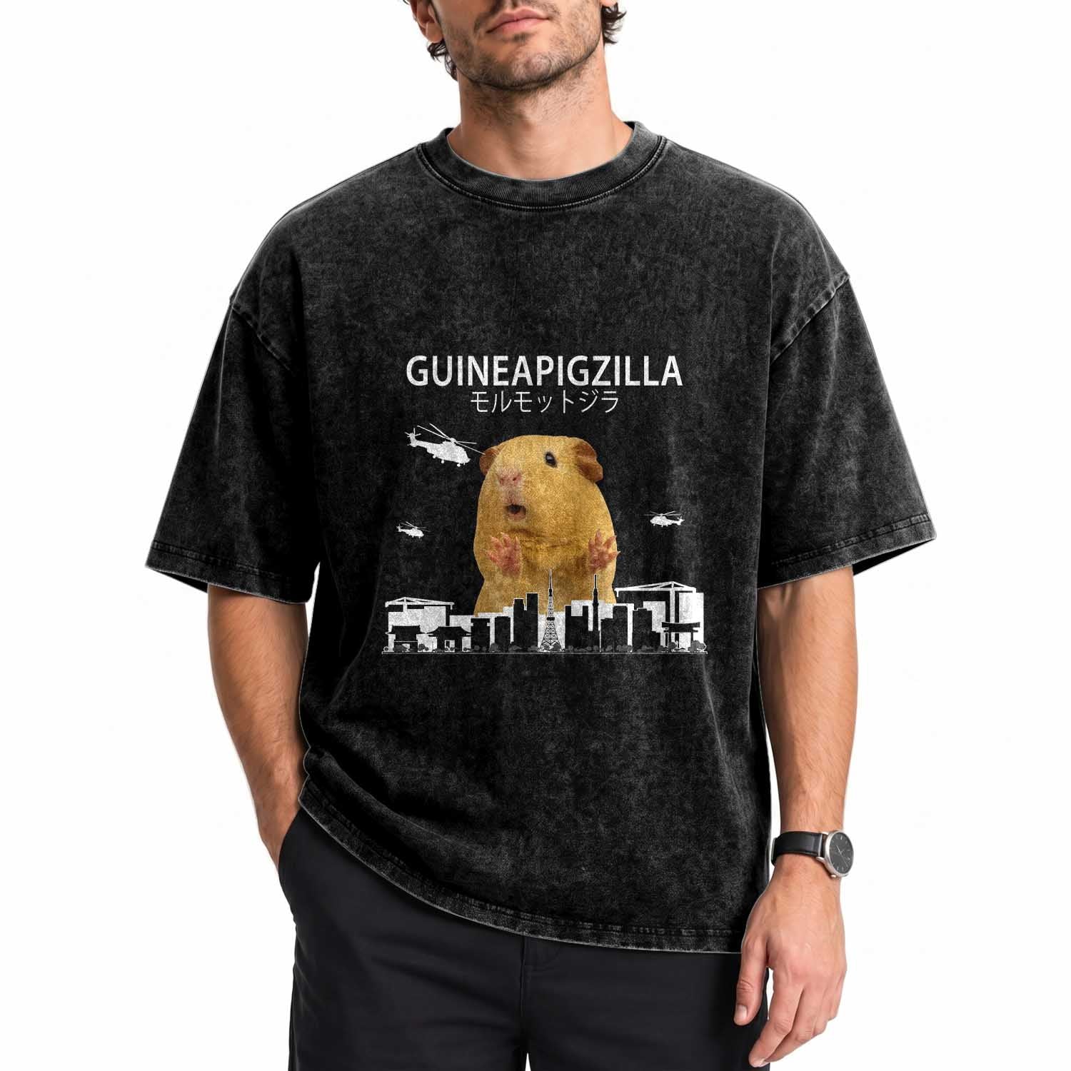 Funny Giant Guinea Pig Monster Roaring Tokyo Japan Washed Cotton T-Shirt Guineapigzilla