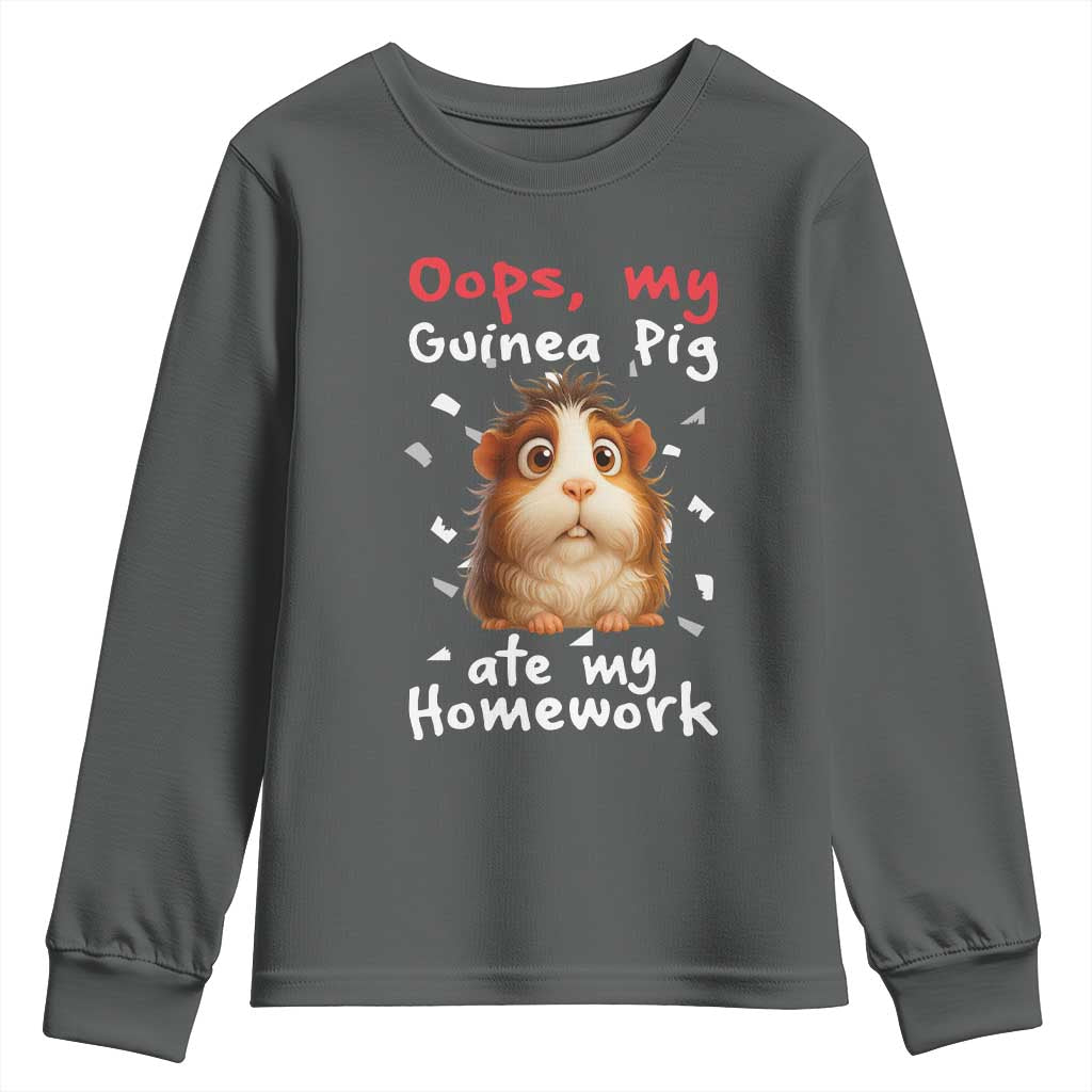Oops My Guinea Pig Ate My Homework Youth Sweatshirt Funny Cavy Lover Gift TS12 Dark Heather Print Your Wear